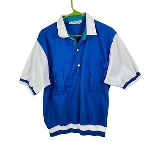 Mens Polo Sport Shirt Vintage 80’s Color Block Blue White Teal Short Sleeved LG